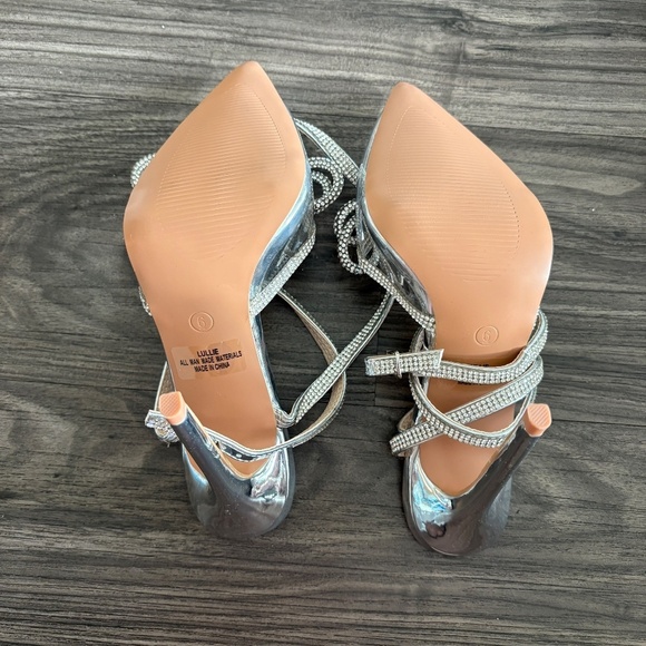 Lulu's Lullie Silver Vinyl Rhinestone Ankle Strap Pointed-Toe Pumps Heels - Picture 9 of 10
